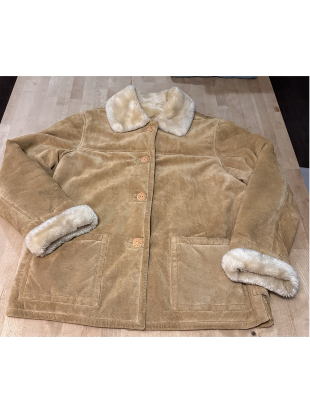 Dennis Basso Women's Genuine Leather Tan Suede And Faux Fur Coat Size Large